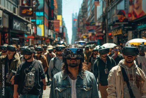 Urban Street Scene Immersed in Virtual Reality with People Wearing AR VR Headsets, Blending Digital World into Reality, Natural Light Illuminating the High-Tech Interaction Concept