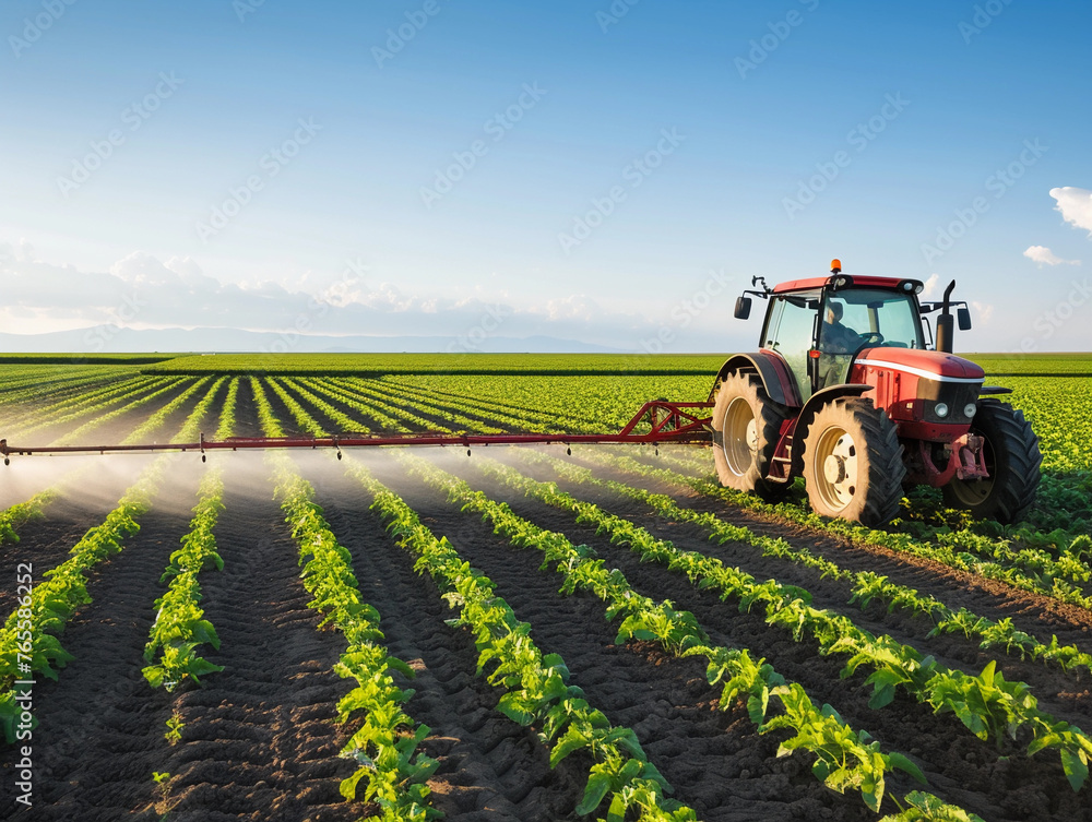 Modern Tractor Irrigating Crop Rows Modern Tractor Irrigating Crop Rows
