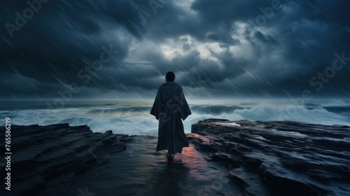 A cloaked figure faces a dramatic and stormy seascape. Under a sky full of lightning