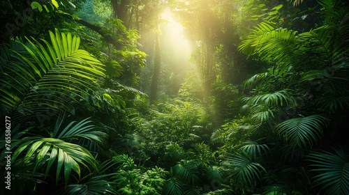 Sunbeams pierce through the verdant canopy of a serene forest, casting a peaceful glow over the lush undergrowth and highlighting the tranquil beauty of nature