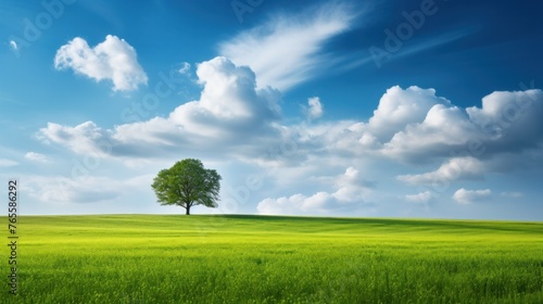 Vast green field stretches beneath a serene blue sky, framed by a lone tree, capturing the essence of rural tranquility