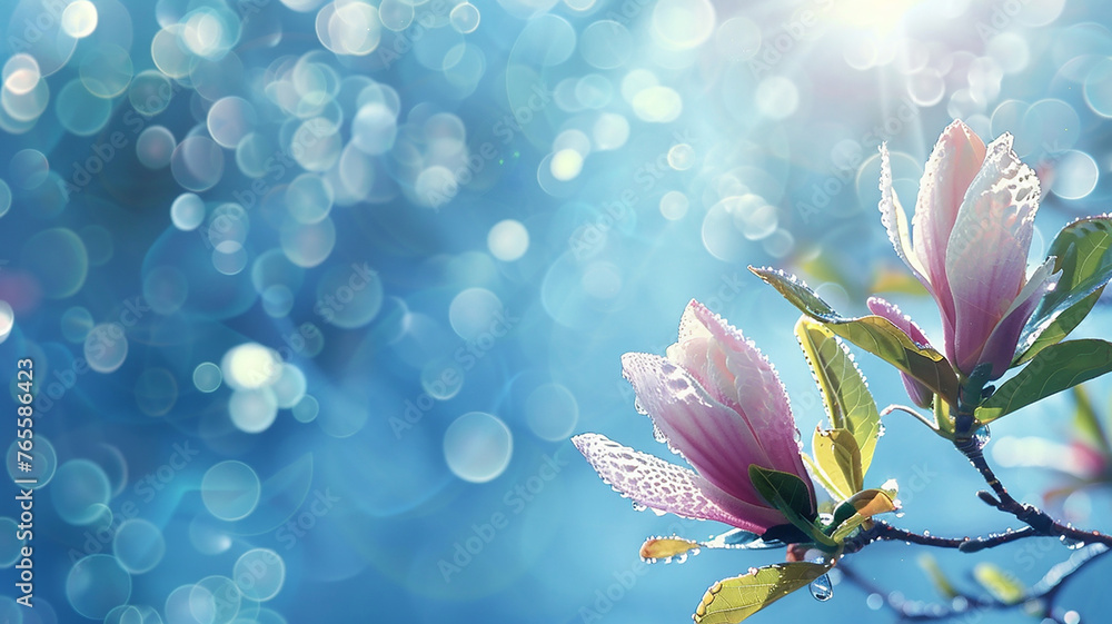 Blooming pink magnolia in springtime on pastel blue sky Blooming pink magnolia in springtime on pastel blue sky