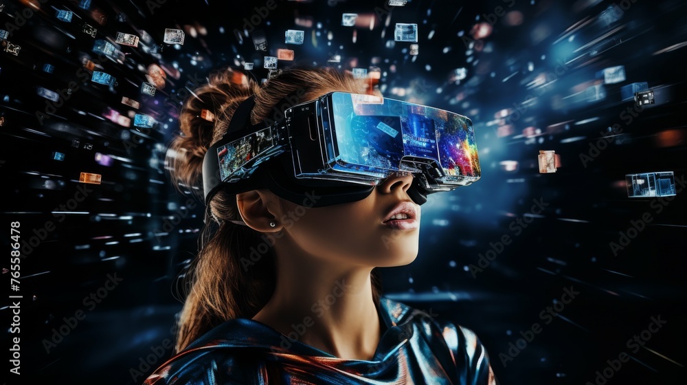 Woman Experiencing Virtual Reality With Headset Woman Experiencing Virtual Reality With Headset