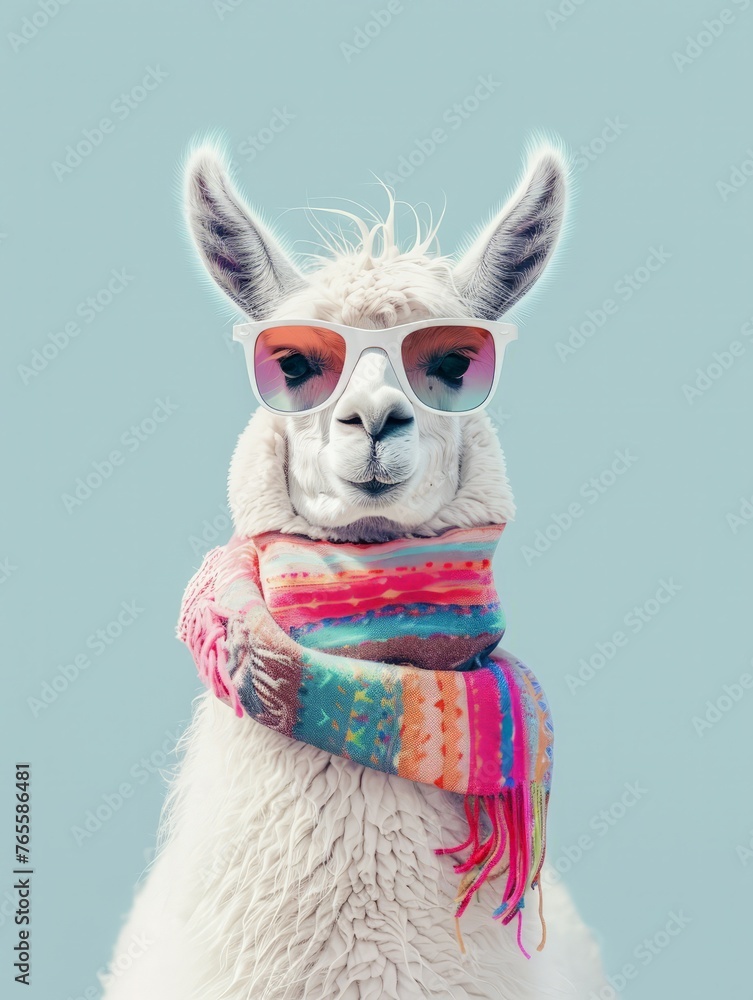 Fototapeta premium A llama is wearing stylish sunglasses and a cozy scarf in this quirky and fun animal portrait