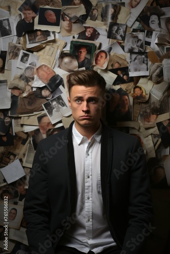 Man Sitting in Front of Pile of Pictures