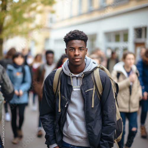 Young black refugee standing in front of the entrance to a European study center, AI Generation