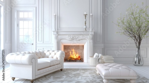 Classic interior design of modern living room with fireplace and white leather sof