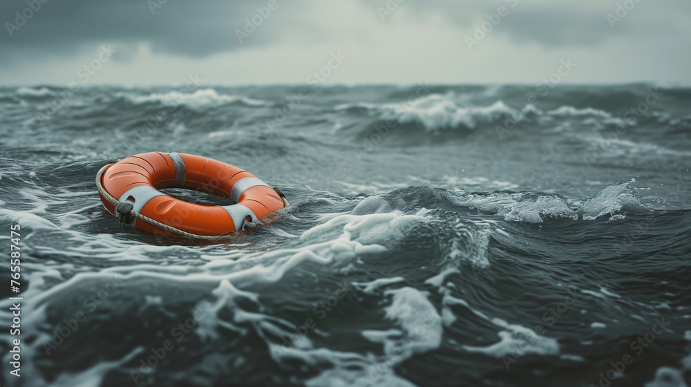 Life buoy or Life preserver floating on the ocean on stormy water, prepared to save individuals at risk of drowning