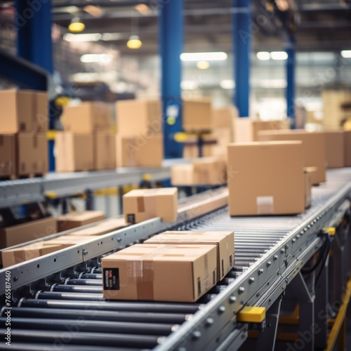Distribution center with boxes, conveyor belt with boxes for delivery in an automated warehouse. © ORG
