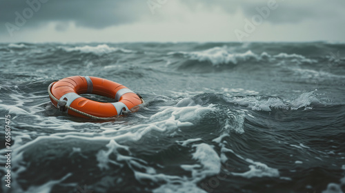 Life buoy or Life preserver floating on the ocean on stormy water, prepared to save individuals at risk of drowning