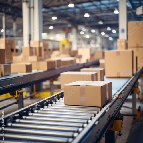 Distribution center with boxes, conveyor belt with boxes for delivery in an automated warehouse.