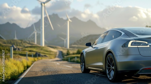 Electric car driving on the background of a wind turbine