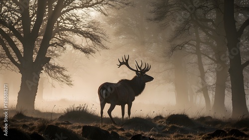 Mystical Red Deer Stag: Silhouetted Beauty Amidst the Mist GENERATIVE AI © Waqar
