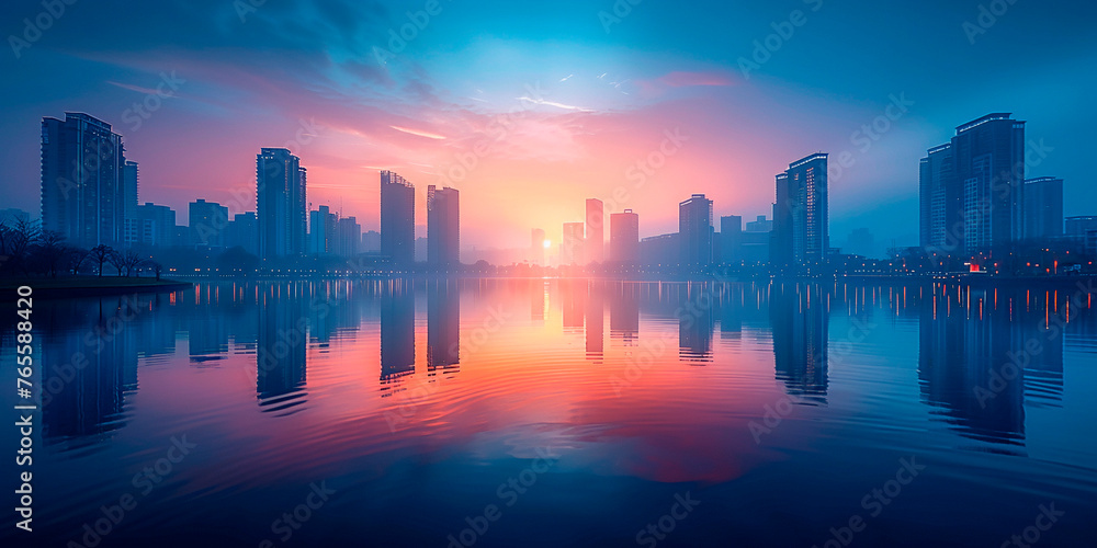 Cityscape background. Urban skyline surrounding large water body.