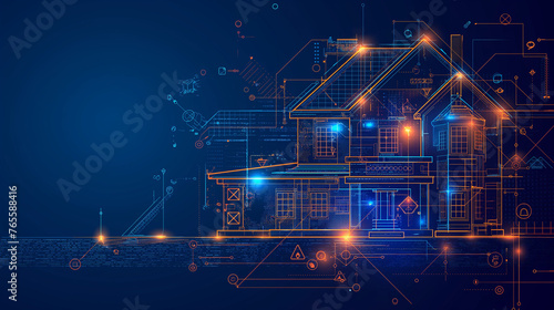 Smart home technology conceptual banner. Building consists digits and connected with icons of domestic smart devices. illustration concept of System intelligent control house on blue background. IOT.