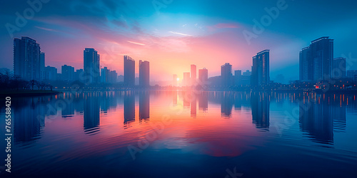 Cityscape background. Urban skyline surrounding large water body. © Iryna