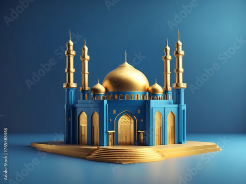colorful 3d render mosque with gradient color background. 3d rendering of an Islamic mosque design. Created with Ai