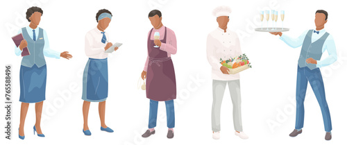 Restaurant staff smiling African American male and female characters. Manager, cook, waiter sommelier employees