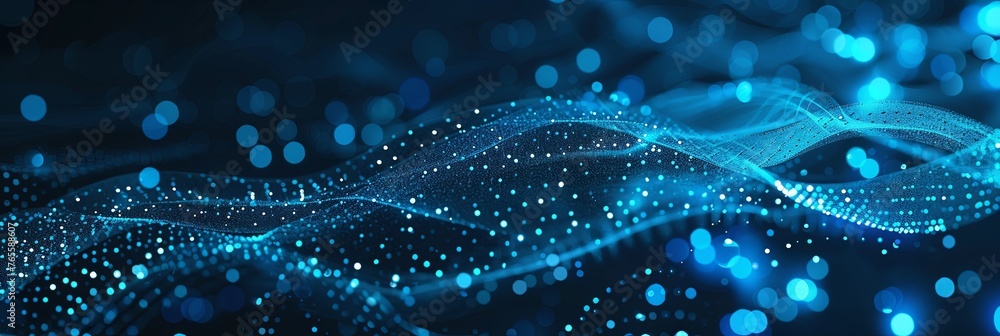 Obraz premium Abstract blue digital background with glowing dots and waves of data flow, futuristic technology