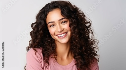 Smiling Woman With Long Curly Hair in Pink Shirt