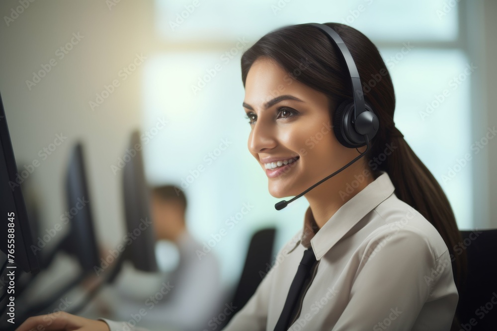 Smiling Woman With Headset Working at Computer Smiling Woman With Headset Working at Computer
