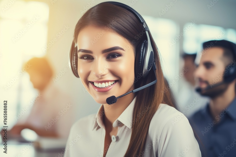Smiling Woman With Headset in Call Center Smiling Woman With Headset in Call Center