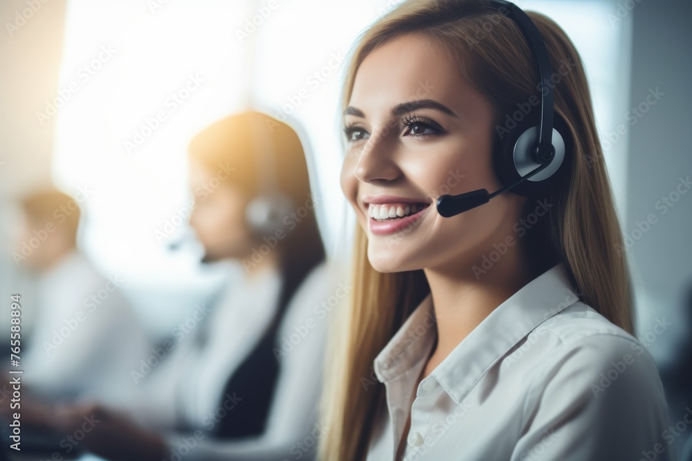 Smiling Woman in Call Center Wearing Headset Smiling Woman in Call Center Wearing Headset
