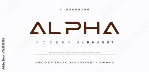 Technology font. Geometric, sport, futuristic, future techno alphabet. Letters and numbers for military, industrial, hi-tech logo design. Modern minimalistic vector typeface