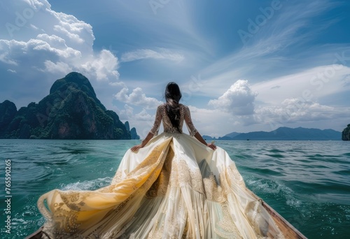Serene Voyage in Elegance, woman in an ornate gown looks towards distant limestone cliffs while sailing on a serene sea