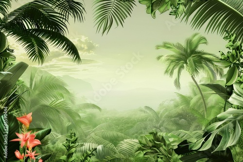 Tropical vintage botanical landscape  palm tree  vegetable flower border background.