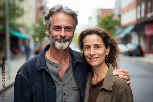 Smiling middle-aged man and woman embracing on street