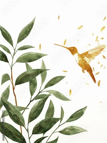 A painting depicting a dynamic scene of a hummingbird in flight above a vibrant plant