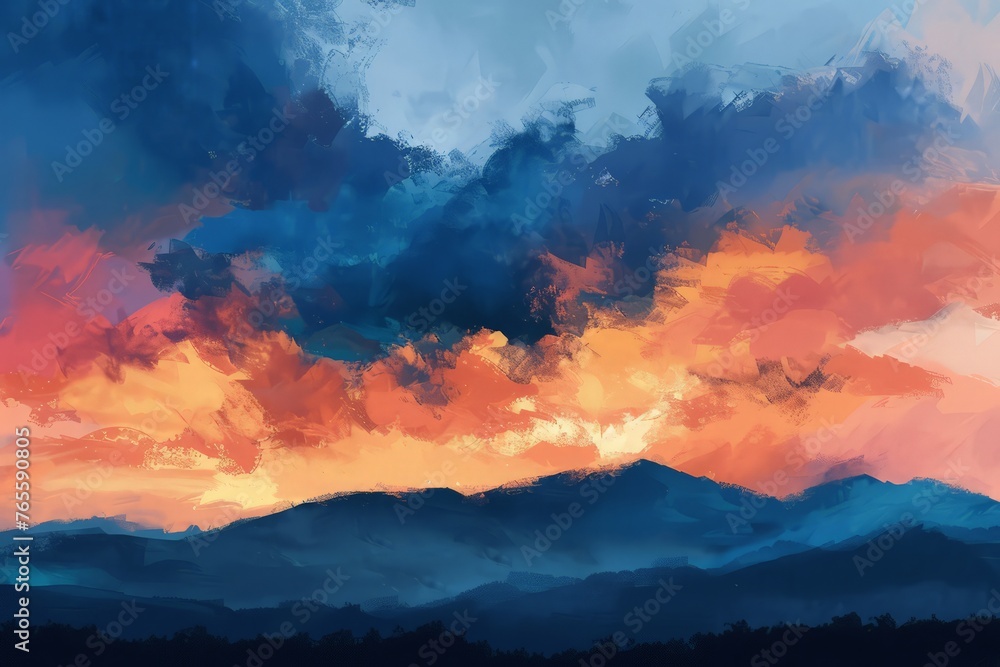A painting depicting a vibrant sunset casting warm hues over a jagged mountain range in the distance