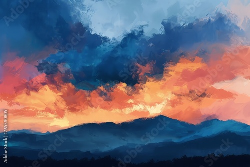 A painting depicting a vibrant sunset casting warm hues over a jagged mountain range in the distance © pham