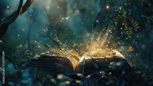 Enchanted Book of Forest Whispers, open book lies in a mystical forest, its pages radiating sparkling lights, as if whispering the secrets of an ancient world © Viktorikus