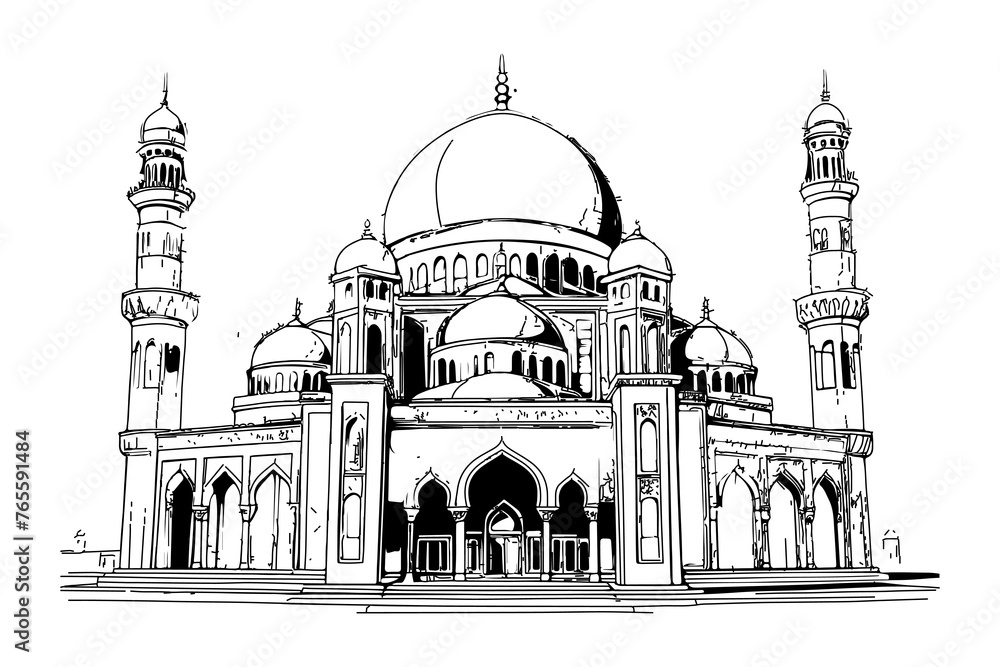 Mosque line art illustration with fine details.