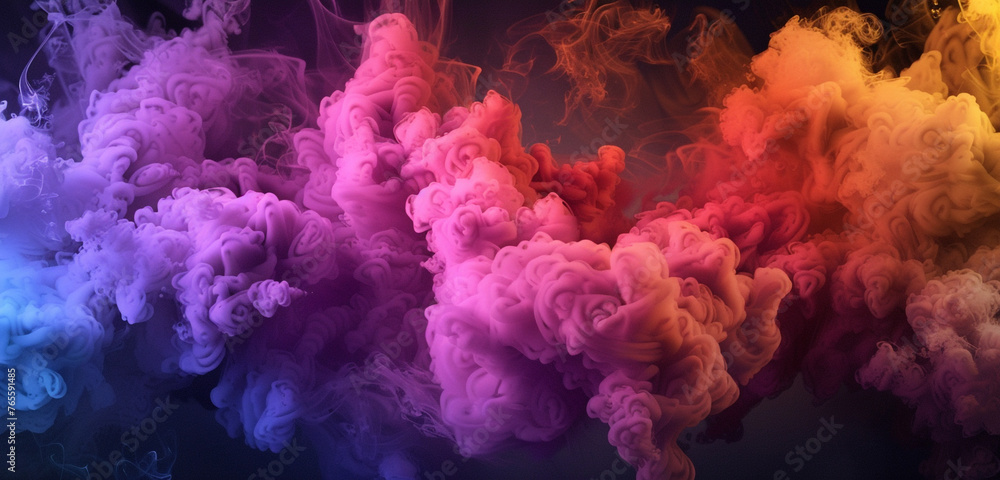 A vibrant explosion of colors as dense smoke weaves patterns in the darkness.