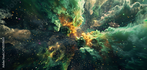 Cosmic explosion Luminous green brilliance converges into vivid bursts of glittering magenta smoke.