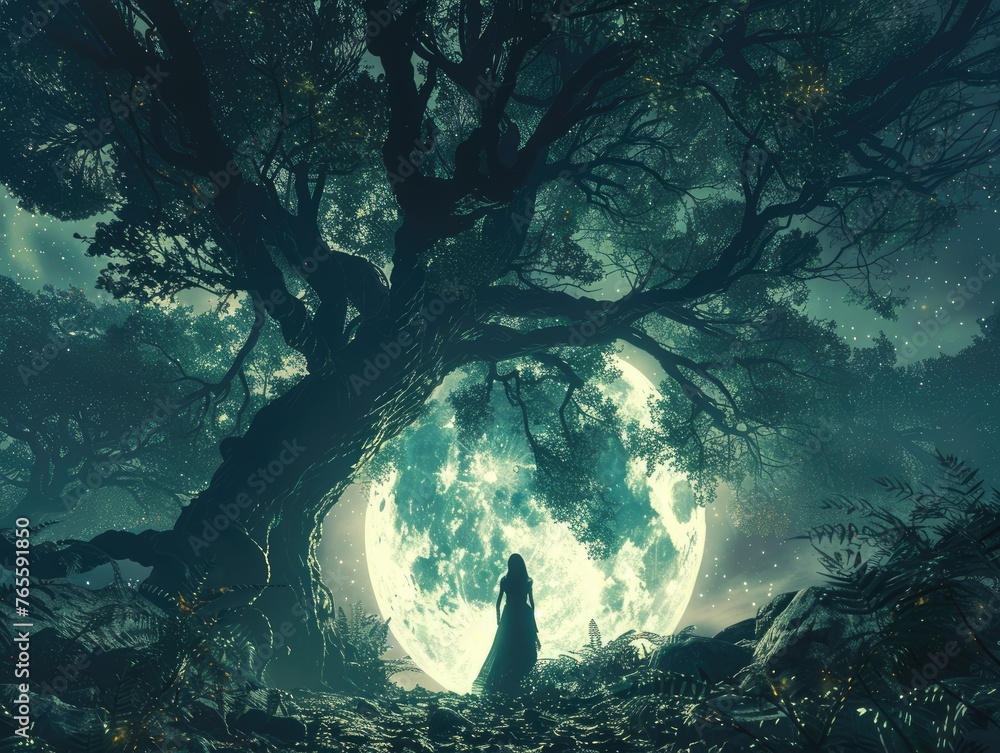 Mystical forest with a large moon and silhouette - Enchanted scene with an ethereal large moon behind a tree silhouette, invoking a sense of wonder