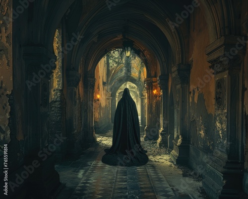 Mysterious figure in a medieval hallway with candles - A dark  enigmatic cloaked character stands in an old  ornate hallway illuminated by candlelight