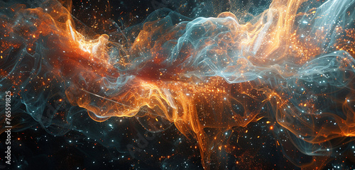 Ethereal neon tendrils of radiant orange intertwine, birthing celestial bursts of glittering cyan smoke.