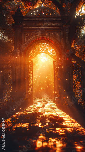 Mystical archway glowing with sunset light in woods - The golden hour light pours through an ornate archway in a mystical forest, embracing the pathway ahead
