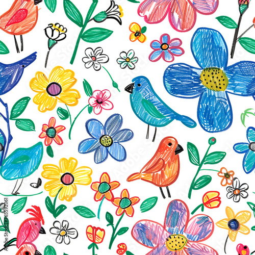 A seamless pattern of colorful flowers and birds drawn in the style of crayon on a white background. The design incorporates vibrant colors like reds  yellows  blues  greens  with each flower or bird 