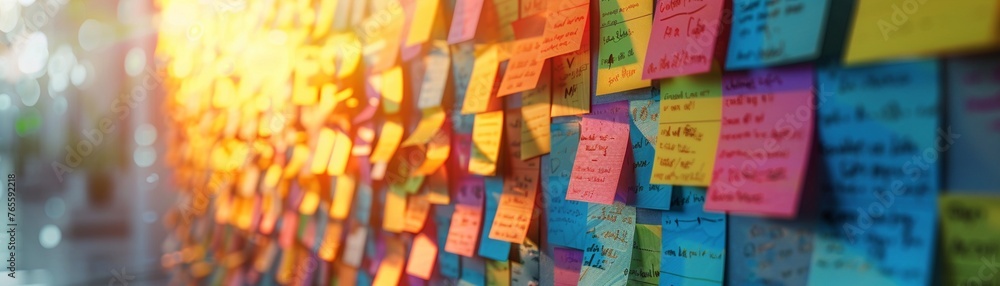 Fototapeta premium Loyalty program brainstorming colorful sticky notes on wall