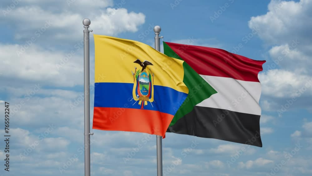 Sudan and Ecuador two flags waving together, looped video, two country cooperation concept Sudan and Ecuador two flags waving together, looped video, two country cooperation concept