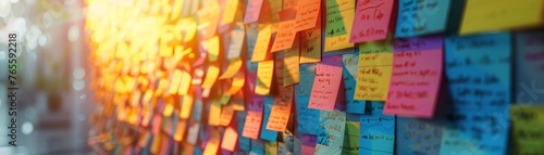 Loyalty program brainstorming colorful sticky notes on wall