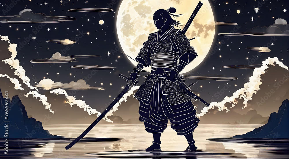 Silhouette of a fantasy warrior wielding a sword and shield against a ...