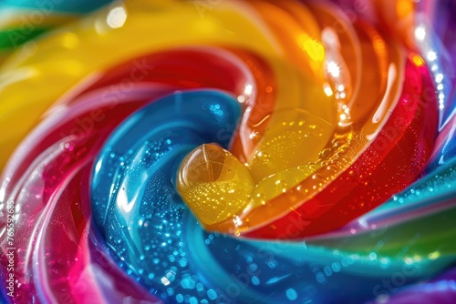 Macro shot of a rainbow swirl lollipop capturing the vibrant colors and glossy surface