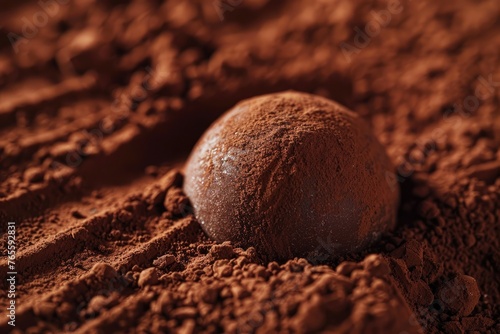 Detailed view of a chocolate truffles smooth surface dusted with cocoa powder emphasizing the rich texture