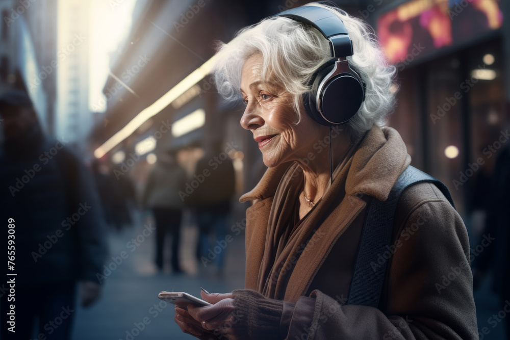 Elegant elderly lady listens to music with stylish headphones while walking in the city